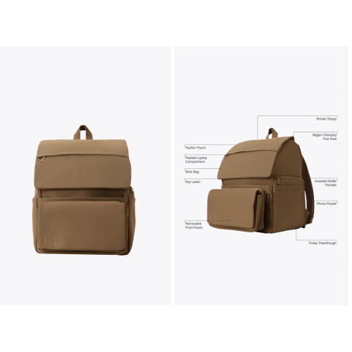 BÉIS 'The Ultimate Diaper Backpack' in Camel - Diaper Bag Backpack in Camel Brown