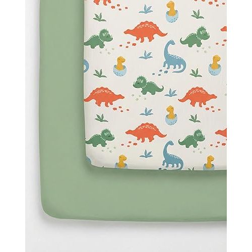Pack and Play Sheets Fitted - 2 Pack Mini Crib Sheets for Pack N Play Mattress - Unisex Playard Bedding for Boys & Girls - Fade and Wrinkle Free - Machine Washable - Oeko-Tex - 38 x 26in - Dino Land