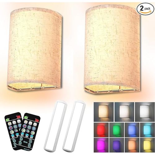 Battery Operated Wall Sconces Set of Two, LED Rechargeable Wall Lights with Remote Control, 16 RGB Colors Changeable Dimmable Fabric Sconces for Bedroom Living Room (9.84Inch/25cm)