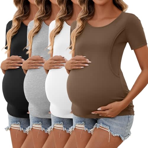 Ficerd 4 Pack Nursing Tops Cotton Short Sleeve Maternity Shirts for Women Double Layer Breastfeeding Tees Pregnancy Clothes