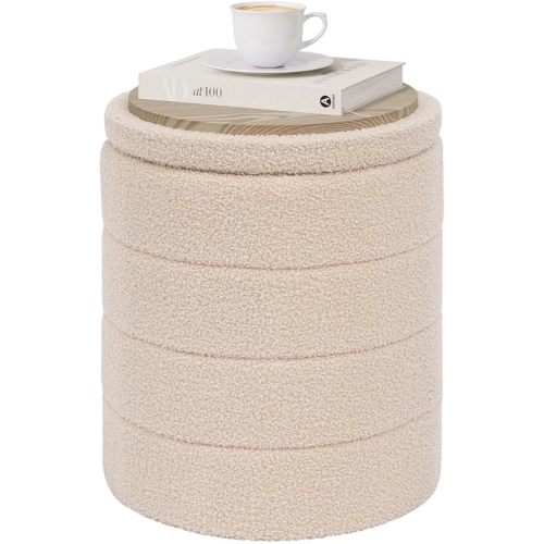 PINPLUS Round Storage Ottoman Foot Rest Stool with Tray Velvet Sherpa Folding Storage Ottoman,Boucle Foot Rest for Living Room, Bedroom, Dorm（Beige）
