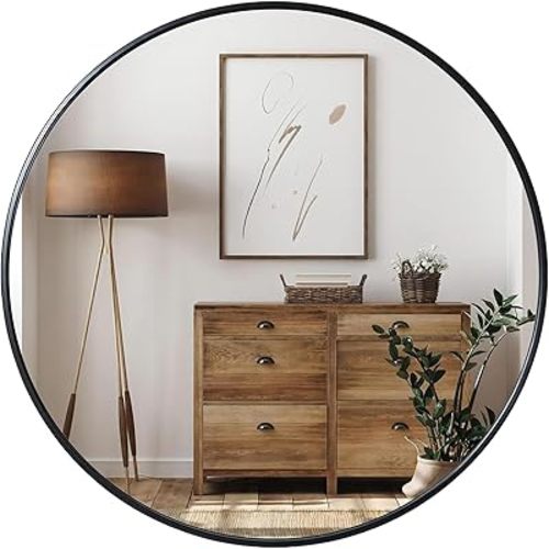 Growsun Black Round Mirror 24 inch, Wall Mounted Circle Mirror, Metal Framed Mirror for Bathroom Vanity, Bedroom Home Decor Mirros