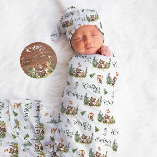 Woodland Swaddle, Woodland Swaddle Bundle Option, Personalized Swaddle Blanket, Woodland Baby Swaddle, Woodland Birth Stat Sign, W27