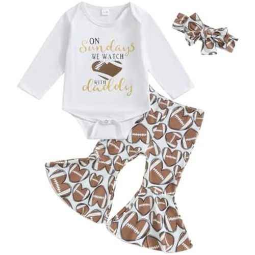 Newborn Baby Girl Football Outfit On Sundays We Watch Football with Daddy Romper and Flare Pants with Headband