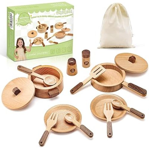 WHOHOLL Play Kitchen Accessories, Wooden Kitchen Set for Kids Ages 3-5 - Montessori Cooking Toys with Toy Pots and Pans (Large)