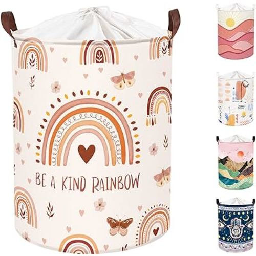 Clastyle 45L Boho Rainbow Laundry Hamper with Handle Drawstring Waterproof Butterfly Flowers Pink Laundry Basket Round Clothes Toys Heart Basket for Nursery Room