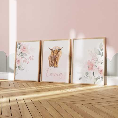 Nursery Wall Art, Highland Cow Floral Decor, Baby Nursery Decor, Floral Crib Bedding, Personalized, Floral, Girl Room Decor, Toddler, Cow
