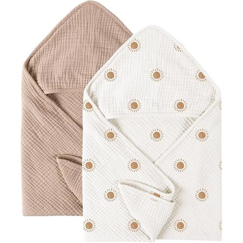 Konssy 2 Pack Muslin Hooded Baby Towels for Newborn Soft 100% Cotton Baby Bath Towel with Hood for Baby, Infant Ultra Absorbent, Baby Stuff Baby Bath Shower Gifts (Camel, Sun,30" x 30")