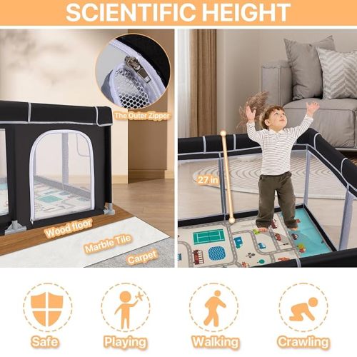 Baby Playpen, Baby Playpen with Mat, Durable and Secure Baby Play Pen, 50”×50” Playpen Kids Activity Play Center, Equipped with Anti-Slip Suckers and a Zipper Gate(Black) - 50"x50"+Mat
