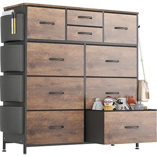 Lulive Dresser for Bedroom with 10 Drawers, Chest of Drawers with Side Pockets and Hooks, Fabric Storage Organizer Unit for Living Room, Hallway, Closet (Rustic Brown)