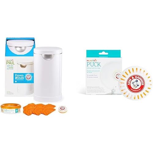 Munchkin® PAIL™ Diaper Pail, Powered by Arm & Hammer, Includes 6 Snap, Seal and Toss™ Bags, 1 Starter Refill Ring, and 2 PUCK™ Baking Soda Cartridges