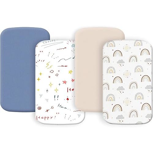 4 Pack Bassinet Sheets 19" x 33", Compatible with Baby Delight Beside Me Dreamer and Dream On Me Skylar/Lotus/Traveler Baby Bassinet, Soft and Skin-Friendly, Blue and Color Rainbow