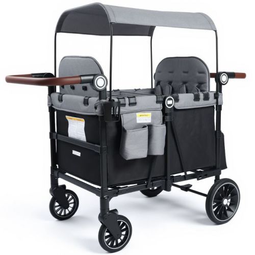 Kinder King Stroller Wagon for 4 Kids, All-Terrain Wheels, Canopy, Snack Tray, Adjustable Handle & Storage Bag, Black & Gray