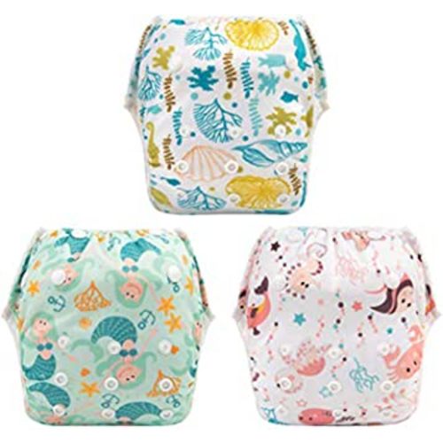 Babygoal Baby Girl Swim Diapers 3 Pack for 0-8 Months Infant, Reusable Adjustable Washable for Swimming Lessons-Seaweed & Sea Crab