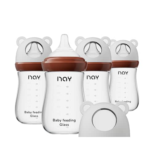 yanyoyo Natural Glass Baby Bottle for Breastfeeding Babies, 8oz Anti-Colic Baby Bottle with Natural Response Nipple(M), Clear, Wide Neck, 4 Pack, 3 Months+