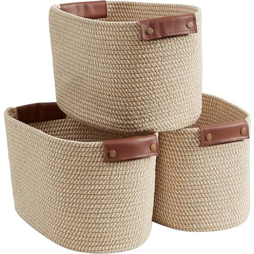 3 Pack Cotton Rope Storage Basket Woven Shelf Storage Bin with Faux Leather Handles, Decorative Closet Shelf Woven Basket for Storage Organizers, 15 x 10 x 9, Multi-Brown