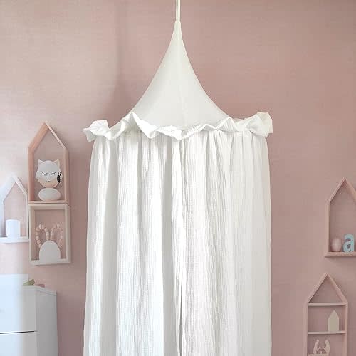 Premium Muslin 100% Organic Cotton Canopy Hanging Play Tent with Frills Bed Baldachin for Baby Kids Room…