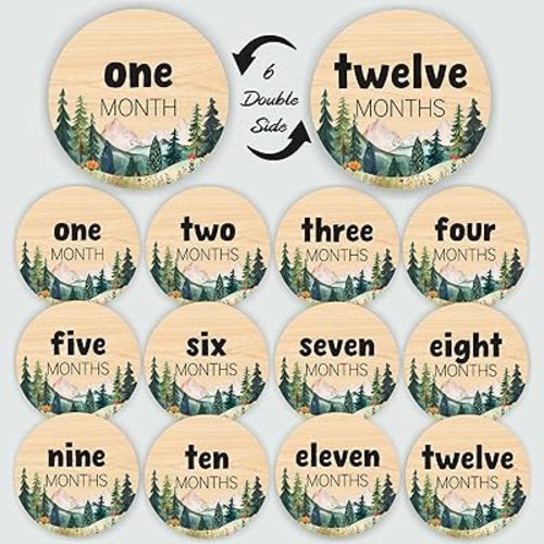 Newborn Photography Props - Baby Announcement & Monthly Milestone Signs - 6 Double-Sided Mountain Design Wooden Discs for Baby Photoshoots