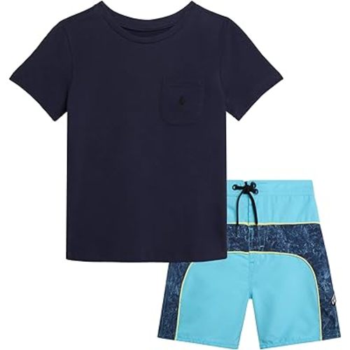 Volcom Baby Boys Swim Set - 2 Piece Short Sleeve Swim Shirt Graphic Tees & Board Shorts - Infant Toddler Little Boys Swimsuit