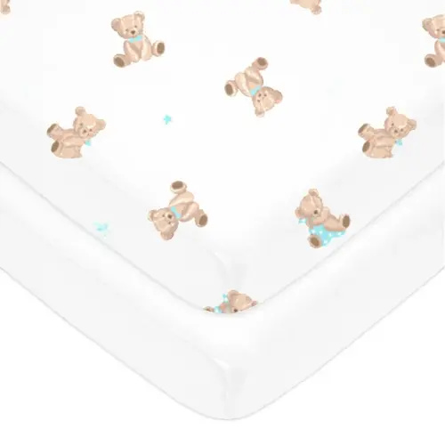American Baby Company 2 Pack 100% Natural Cotton Fitted Mini Crib Sheets 38" x 24" - Soft & Breathable Small Nesting Portable Sheets, Fits Pack N Play Mattresses, Bear and White, for Boys & Girls
