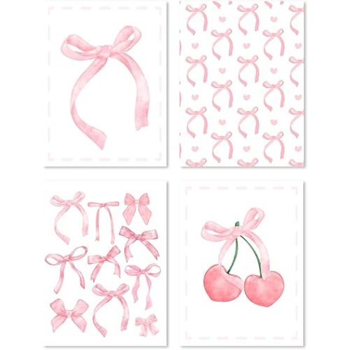 Hxlac Pink Bow Coquette Wall Art Prints Set of 4 Unframed - Pink Preppy Wall Decor, Coquette Preppy Aesthetic Bow Cherry Teen Girl Dorm Room Decor, Preppy Coquette Room Decor(12x16 Inches)