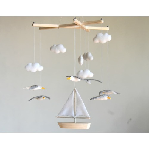 Seagulls Flying Around Sailboat, Seagulls Mobile, Ocean Mobile, Sea Mobile, Nursery Mobile, Boat Mobile, Baby Room Decoration, Crib Decor