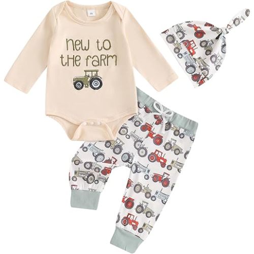 Karuedoo Newborn Baby Boy Farm Outfit Letter Embroidery Long Sleeve Romper Tractor Pants Hat 3Pcs Coming Home Outfit