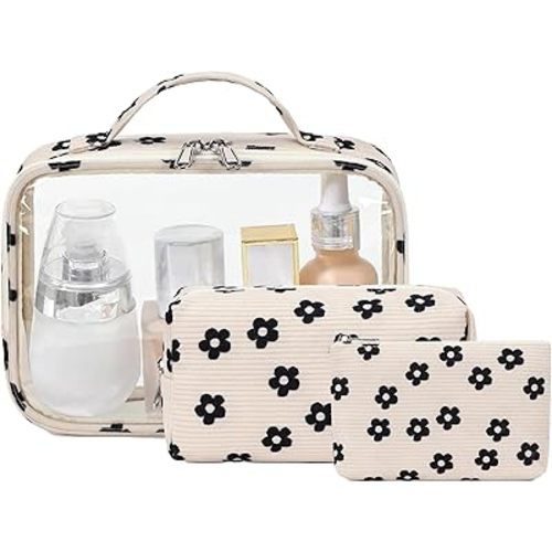Bluboon 3Pcs Makeup Toiletry Bag for Women, Clear Packing Cubes Cosmetic Bag for Travel Women With Zipper Travel Essentials (Corduroy Floral 95)