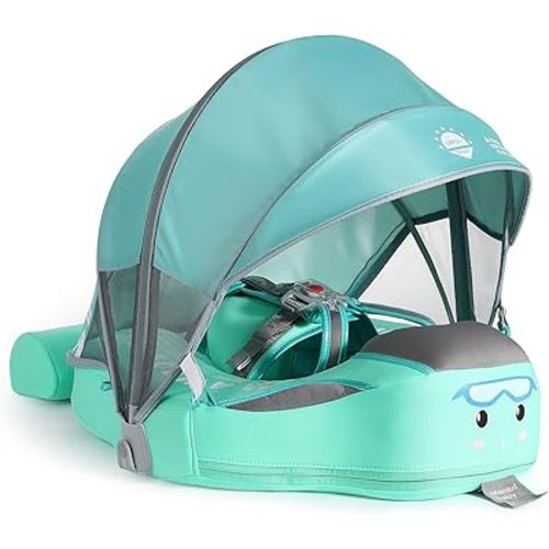 2025 New Mambobaby Float, Baby Floats with Canopy for Infants 3-24 Months, Non-Inflatable Pool Floats with Adjustable Safety Strap & Upgrade Tail, Waist Swimming Ring for Toddler, Baby Green