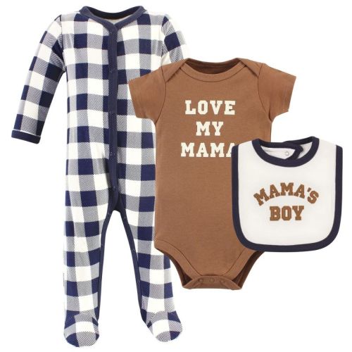 Hudson Baby Infant Boy Cotton Sleep And Play, Bodysuit And Bandana Bib Set, Brown Navy Mamas Boy, 3-6 Months