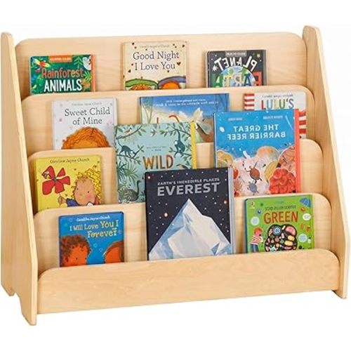OOOK Kids Bookshelf, Wooden 4-Tier Front Facing Book Display Shelf for Kids, Toddler Montessori Bookshelf for Classroom, Playroom, Nursery