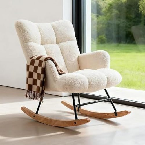 Nursery Rocking Chair, Upholstered Glider Chair with High Back, Soft Teddy Fabric Accent Rocker, Comfortable Reading Chair for Nursery, Living Room & Bedroom, Ivory White