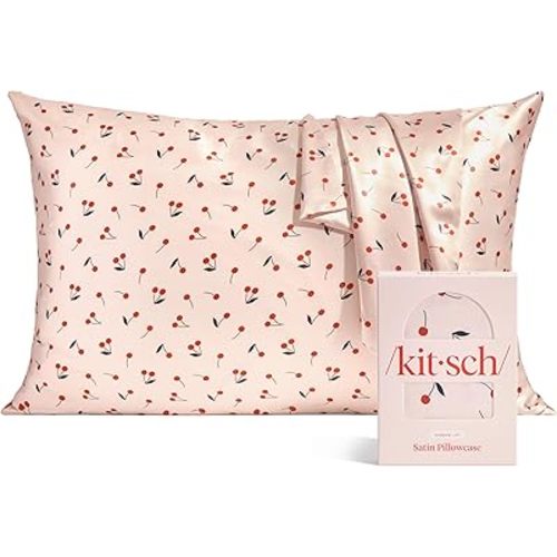 Kitsch Satin Pillowcase, Softer Than Silk Pillow Cases Queen, Cooling Pillow Covers, Satin Pillowcase w/Zipper for Hair, Skin & Quality Sleep, Wrinkle-Free & Smooth, Queen Size 19"x26", Cherry Print