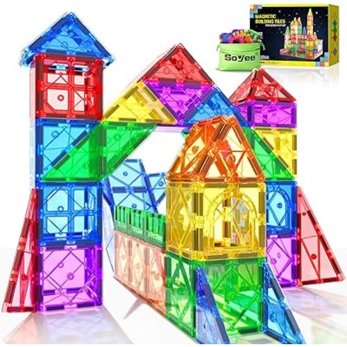 52PCS Magnetic Tiles Toys for 3 Year Old Boys and Girls Magnetic Building Blocks STEM Learning Toys Sensory Montessori Toys for Toddlers Kids