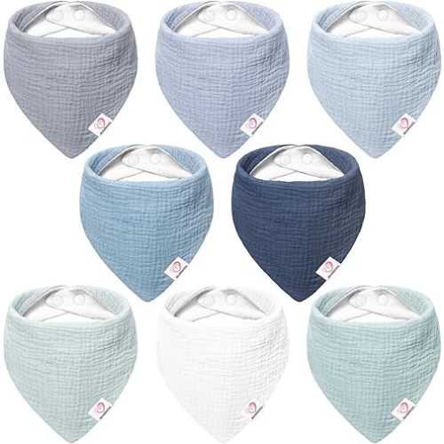 Bearmoss 100% Cotton Muslin Baby Bibs 8-Pack Baby Bandana Drool Bibs for Unisex Baby Boys Girls Drooling and Teething