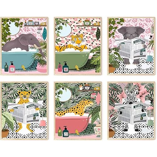 Funny Bathroom Wall Art Prints Set of 6, Kids Bathroom Decor Wall Art with Elephant, Zebra, Tiger Animal Pictures, Modern Humor Animals Bathroom Wall Decor, Cute Canvas Bathroom Art Wall Prints for