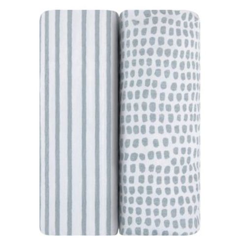 Ely's & Co. Baby Fitted Waterproof Sheet Set 100% Combed Jersey Cotton Misty Blue Stripes & Splash 2 Pack