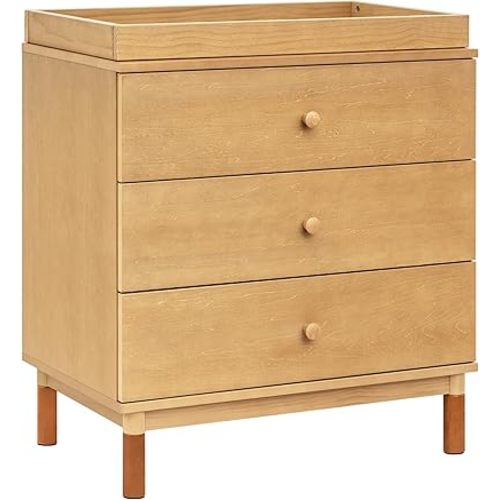 babyletto Gelato 3-Drawer Changer Dresser with Removable Changing Tray in Honey with Vegan Tan Leather Feet, Greenguard Gold Certified