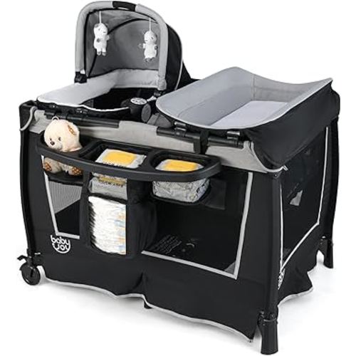 BABY JOY 5 in 1 Pack and Play, Portable Nursery Center Baby Playard w/Bassinet & Diaper Changing Table, Infant Bassinet Activity Center with Toys, Music, Oxford Bag for Toddlers (Space Grey, Classic)
