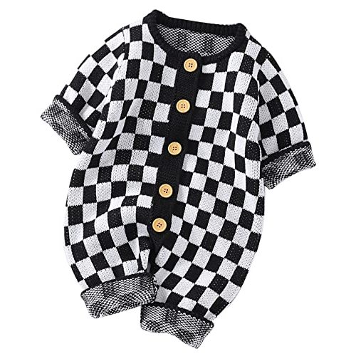 Unisex Baby Girl Boy Knitted Romper Jumpsuit Checkerboard Plaid One Piece Button Down Sweater Playsuit Clothes