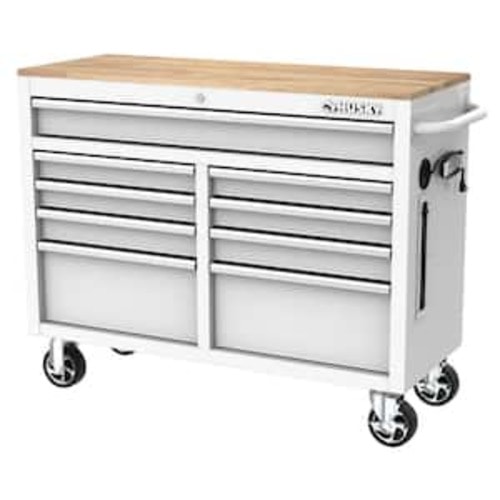 Tool Storage 46 in. W x 18 in. D 9-Drawer Gloss White Mobile Workbench Cabinet