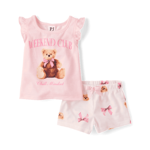 Baby And Toddler Girls Teddy Bear Bow Pajamas - Pink