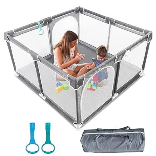 Baby Playpen for Toddler, Kids Activity Center with Anti-Slip Base, Soft Breathable Mesh, Indoor & Outdoor Safety Play Yard with Kid's Fence,50"×50", Grey - grey