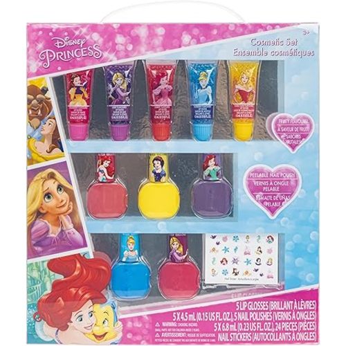 Disney Princess Sparkly Cosmetic Makeup Set for Girls with Lip Gloss Nail Polish Nail Stickers - 11 Pcs|Perfect for Parties Sleepovers Makeovers Birthday Gift for Girls 3+