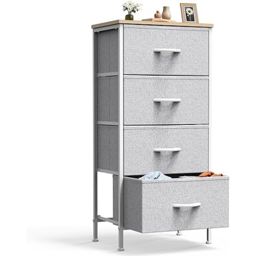 DUMOS Nightstand with 4 Drawers Bedside Table with Removable Fabric Bins Sturdy Steel Frame Wood Top Organizer Furniture for Bedroom Closet Living Room,Light Gray