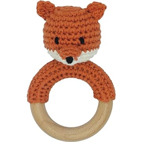 Joliecraft Safari Animals Wooden Baby Rattle Toys Stuffed Crochet Rattle with Teether Ring for Newborn, Orange Fox