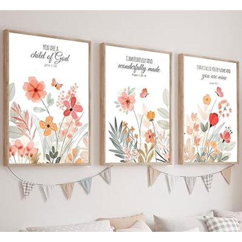3Pcs Christian Nursery Canvas Wall Art Pictures Bible Verse Floral Posters Prints Boho Wildflower Painting Vintage Flower Scripture Wall Decor for Girls Room Living Room Bedroom 12x16in Unframed