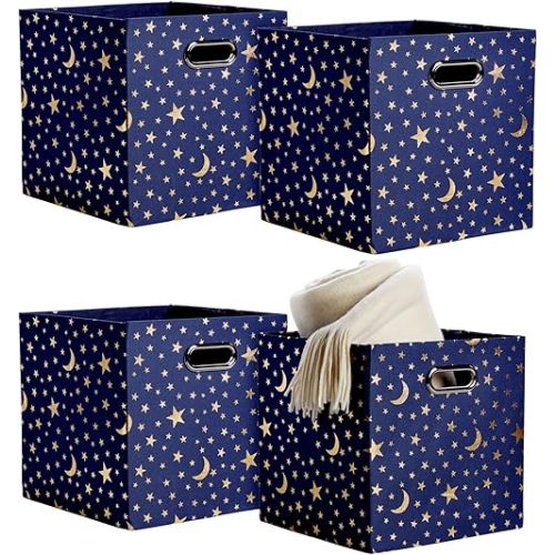 Okuna Outpost 4 Pack Star Storage Cubes, Collapsible Foldable Fabric Organizer Baskets for Clothes, Toys, Gold Moons and Stars (11 In)