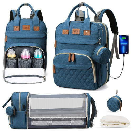 Diaper Bag Backpack, Multifunction Diaper Bag Backpack With Changing Station, USB Charging Port & Foldable Crib, Large Capacity Travel Backpack w/Sunshade&Pacifier Case&Stroller Straps(Blue)