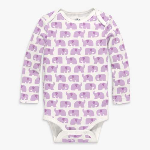 Organic long sleeve babysuit in animal friends - Lavender elephants / 0-3